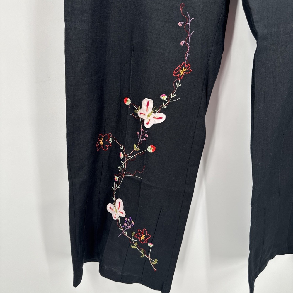Vintage Italy Linen Wide-Leg Embroidered Womens Sz 30 Vintage Pants BOHO Hippie - Picture 6 of 16